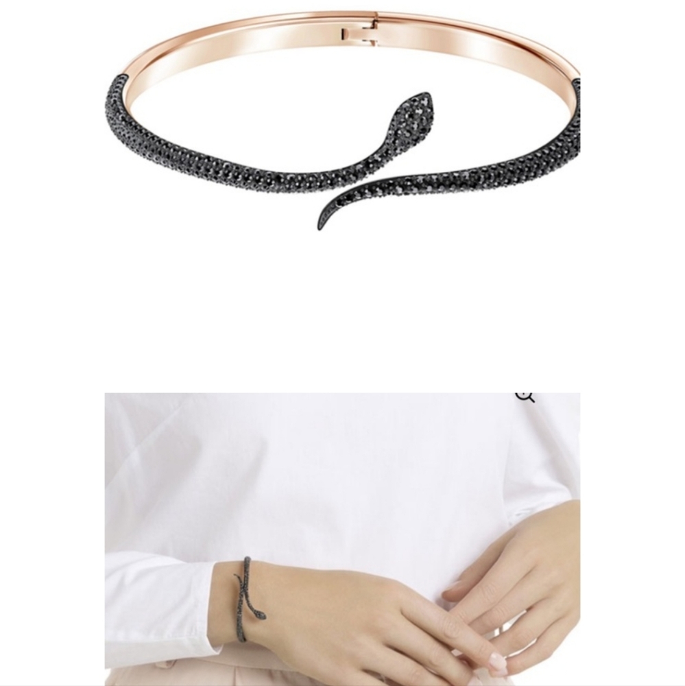 Swarovski hard bracelet, Leslie, snake, black, plated rosè